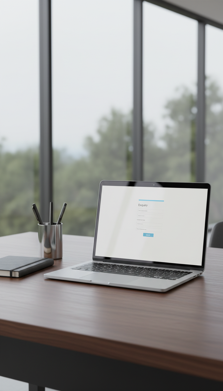 A precisely arranged desktop workspace featuring an open, unbranded laptop displaying an elegant enquiry form with well-spaced fields and a subtle blue accent. Surrounding the laptop on a sleek walnut desk are a closed, charcoal notebook and a chrome pen holder. Large floor-to-ceiling windows in the softly blurred background admit gentle daylight, which creates subtle reflections on the device and soft shadows beneath. The overall composition is balanced using rule of thirds, captured from a slightly elevated angle with sharp focus on the laptop screen. The mood is approachable yet distinctly professional, fitting the corporate and restrained visual style.